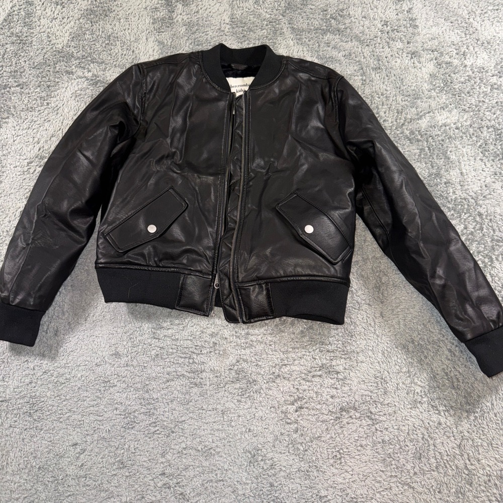 Abercrombie Kids Faux Leather Bomber Jacket 13/14 Black Full Zip Plush Lining